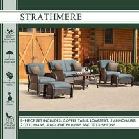 Hanover Strathmere 6-Piece Outdoor Patio Conversation Set, 2 Side Chairs With Ottomans, Loveseat And Tempered Glass Coffee Table, With Hand-Woven Wicker And Thick Ocean Blue Cushions, Strathmere6Pcblu