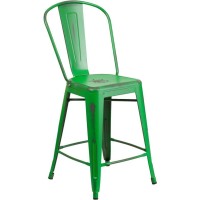 Commercial Grade 24 High Distressed Green Metal IndoorOutdoor Counter Height Stool with Back