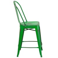 Commercial Grade 24 High Distressed Green Metal IndoorOutdoor Counter Height Stool with Back