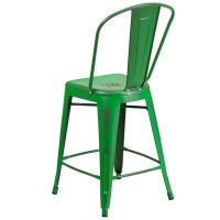 Commercial Grade 24 High Distressed Green Metal IndoorOutdoor Counter Height Stool with Back