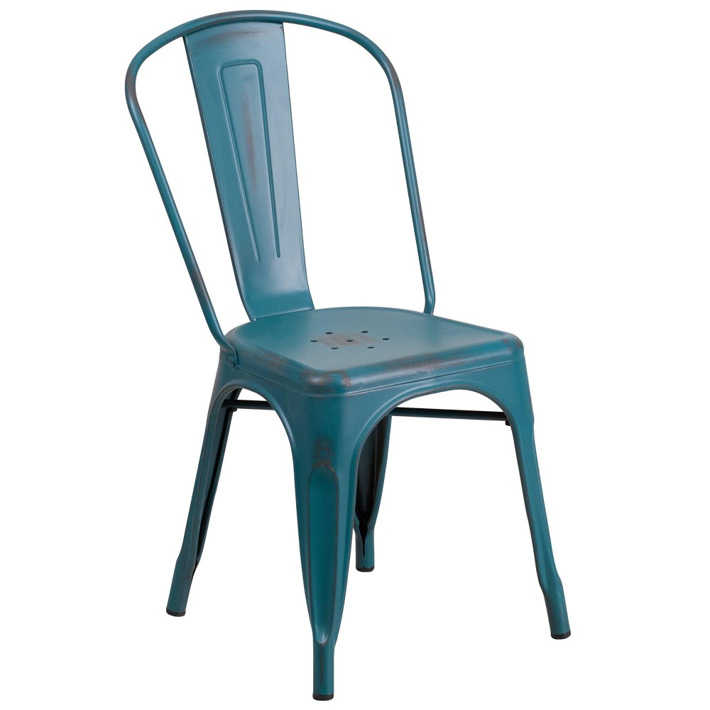 Flash Furniture Commercial Grade Distressed Kelly Blue-Teal Metal Indoor-Outdoor Stackable Chair