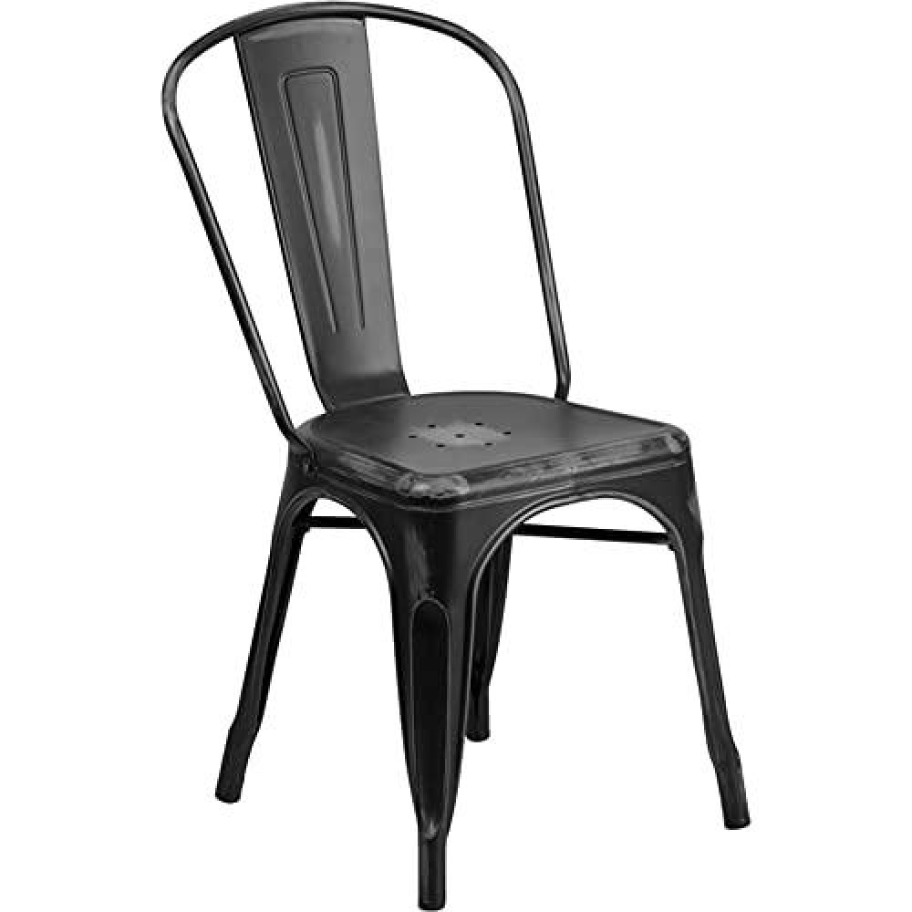 Flash Furniture Commercial Grade Distressed Black Metal Indoor-Outdoor Stackable Chair