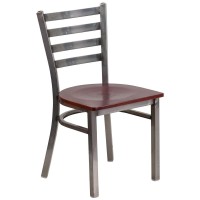 Hercules Series Clear Coated Ladder Back Metal Restaurant Chair - Mahogany Wood Seat