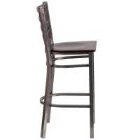 Hercules Series Clear Coated Ladder Back Metal Restaurant Barstool - Walnut Wood Seat