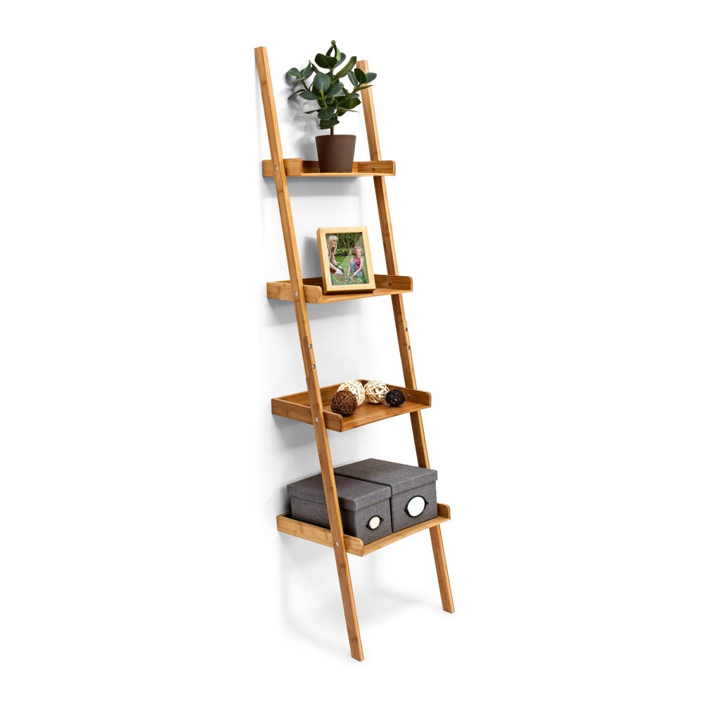 Relaxdays Wooden Shelf Bamboo Bookcase 4 Shelves 176 X 44 X 37 Cm Bathroom Shelf With 4 Tiers Living Room Office Bookshelf Wall Leaning Shelving Unit, Natural