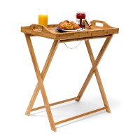 Relaxdays 10019136 Folding Side Table Bamboo Kitchen Trolley Removable Tray H X W X D: 63.5 X 55 X 35 Cm Natural Colour