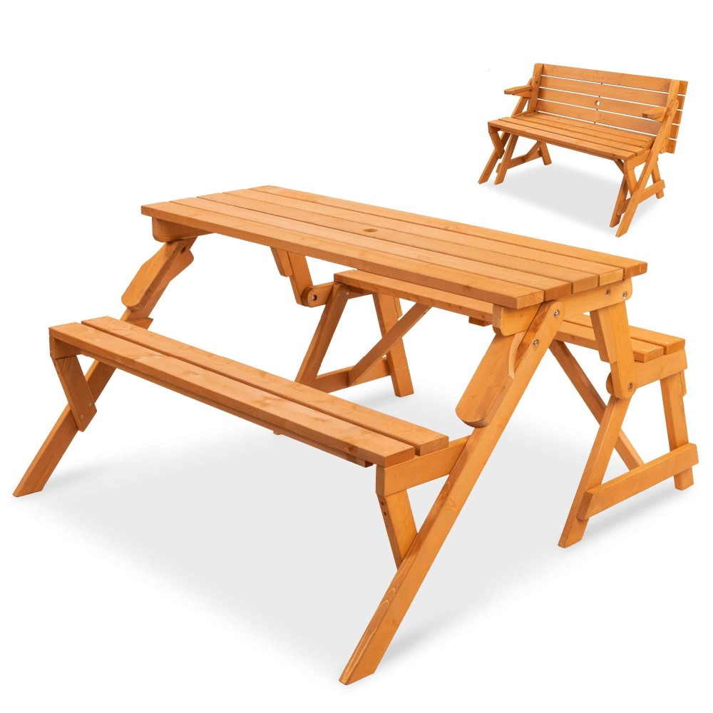 Best Choice Products 2In1 Transforming Interchangeable Outdoor Wooden Picnic Table Garden Bench For Backyard Porch Patio De