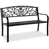 Best Choice Products Outdoor Bench Steel Garden Patio Porch Furniture For Lawn, Park, Deck W/Floral Design Backrest, Slatted Seat - Black