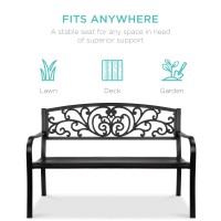 Best Choice Products Outdoor Bench Steel Garden Patio Porch Furniture For Lawn, Park, Deck W/Floral Design Backrest, Slatted Seat - Black