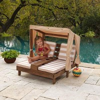 Kidkraft Wooden Outdoor Double Chaise Lounge With Cup Holders, Kids Patio Furniture, Gift For Ages 3+, Espresso With Oatmeal And White Striped Fabric, Gift For Ages 3-8