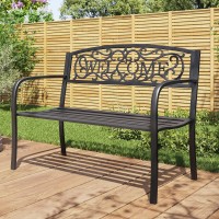 Belleze Outdoor Garden Bench 50 Inch Cast Iron Metal Loveseat Chairs With Armrests For Park Yard Porch Lawn Balcony Backya