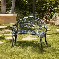 Belleze Outdoor Bench, Patio Outdoor Garden Bench Cast Aluminum Metal Loveseat Chairs For Park, Yard, Porch, Lawn, Balcony, Backyard, Antique Floral Rose Accent Seat Furniture, Green