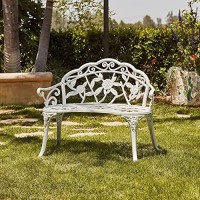 Belleze Outdoor Bench, Patio Outdoor Garden Bench Cast Aluminum Metal Loveseat Chairs For Park, Yard, Porch, Lawn, Balcony, Backyard, Antique Floral Rose Accent Seat Furniture, White
