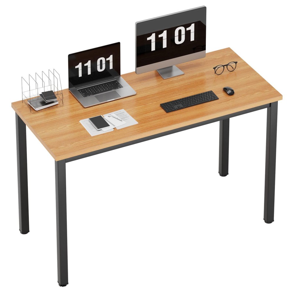 Need Computer Desk, 47 Inch Home Office Desk, Modern Simple Style Home Office Gaming Desk, Basic Writing Table For Study Student, Black Metal Frame, Teak