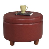 Homepop Round Leatherette Storage Ottoman With Lid, Cinnamon Red Large