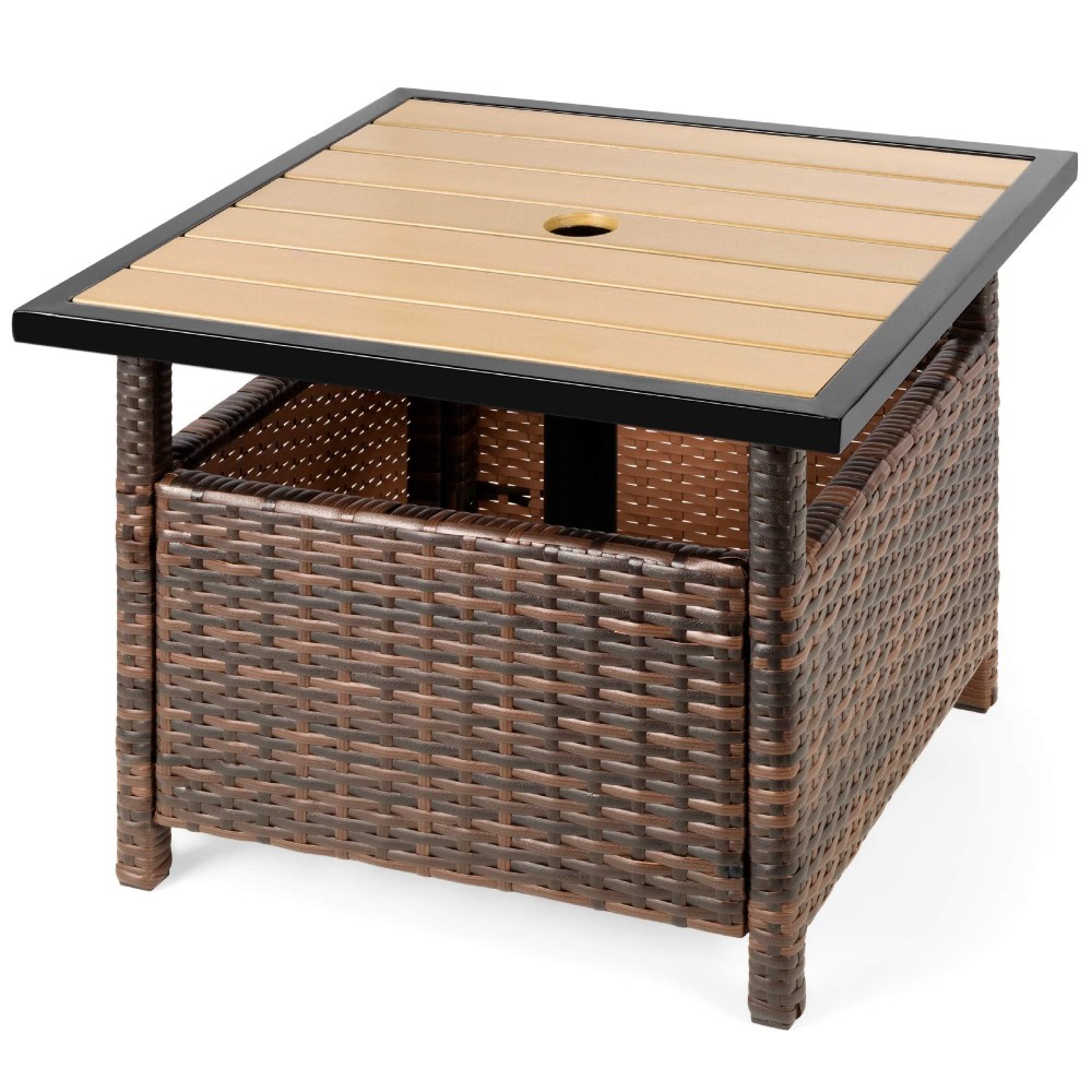 Best Choice Products Wicker Side Table With Umbrella Hole Square Pe Rattan Outdoor End Table For Patio Garden Poolside Deck