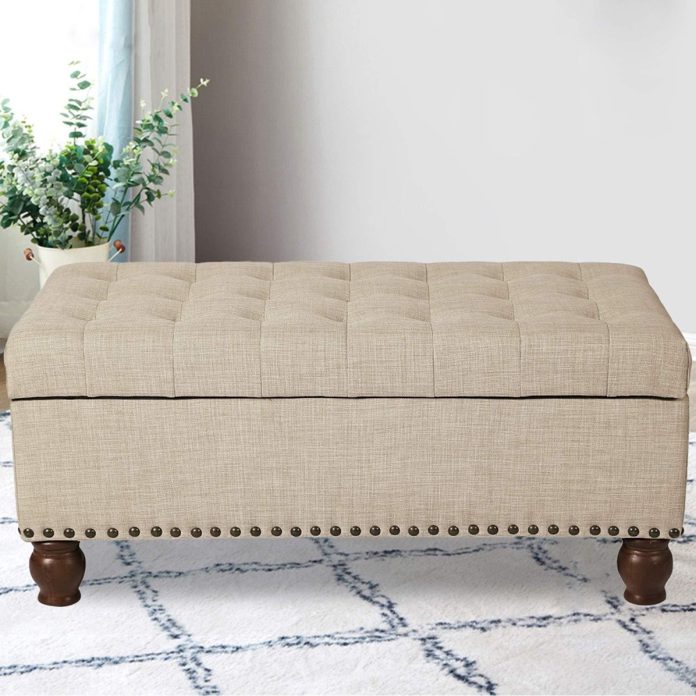 Asense Linen Fabric Rectangle Tufted Lift Top Storage Ottoman Bench, Footstool with Solid Wood Legs Upholstered Storage Bench (Noble Beige)