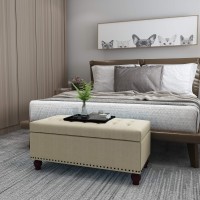 Asense Linen Fabric Rectangle Tufted Lift Top Storage Ottoman Bench, Footstool with Solid Wood Legs Upholstered Storage Bench (Noble Beige)