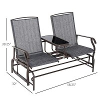 Outsunny Outdoor Glider Bench With Center Table, Metal Frame Patio Loveseat With Breathable Mesh Fabric And Armrests For Backyard Garden Porch, Gray