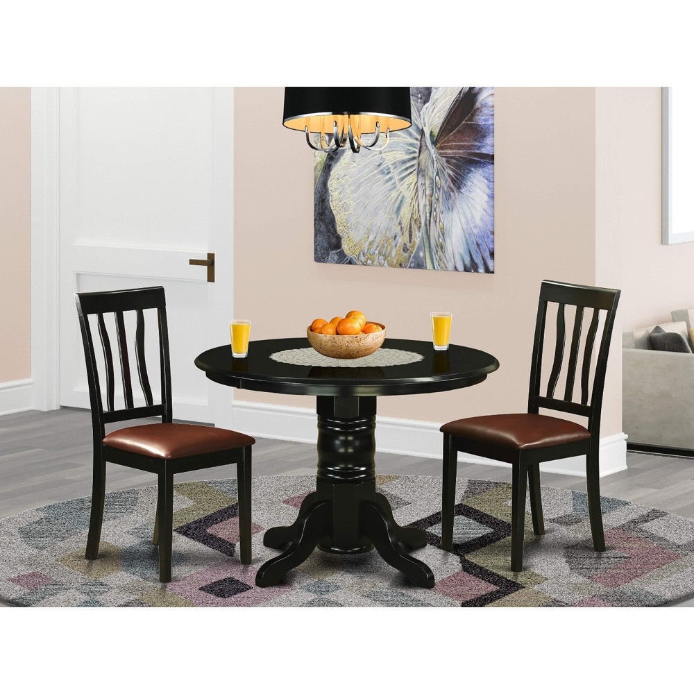 East West Furniture Shelton 3 Piece Set Contains A Round Dining Room Table With Pedestal And 2 Faux Leather Upholstered Chairs, 42X42 Inch, Black