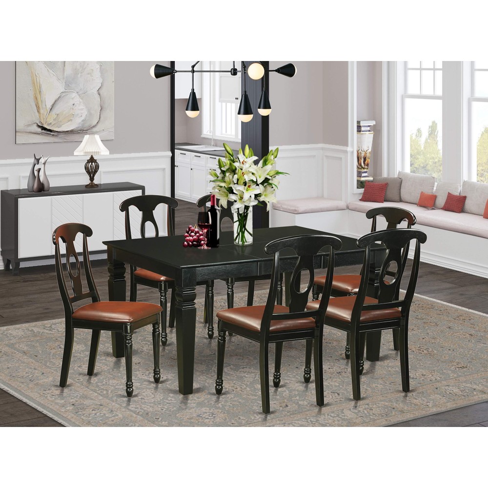 East West Furniture Weke7-Blk-Lc 7 Piece Dining Room Set Consist Of A Rectangle Kitchen Table With Butterfly Leaf And 6 Faux Leather Upholstered Chairs, 42X60 Inch