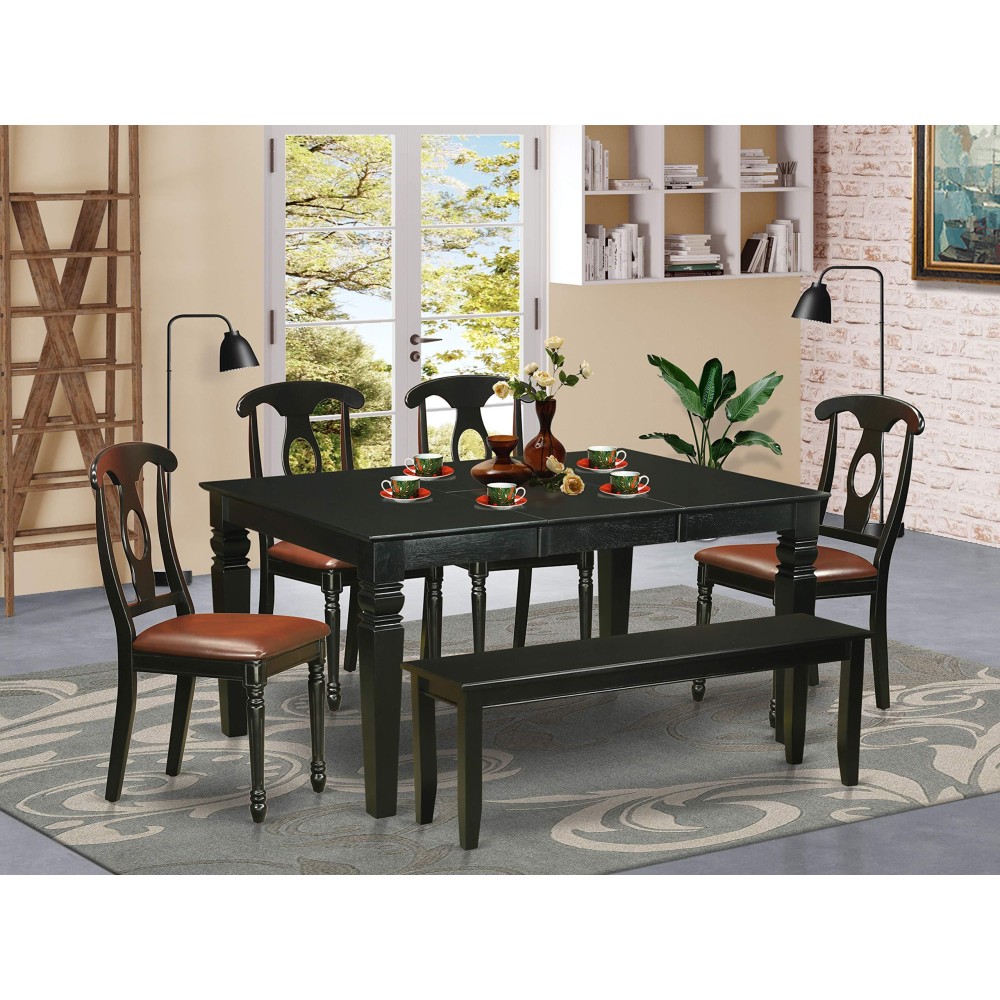 East West Furniture Weke6D-Blk-Lc 6 Piece Set Contains A Rectangle Dining Room Table With Butterfly Leaf And 4 Faux Leather Upholstered Chairs With A Bench, 42X60 Inch