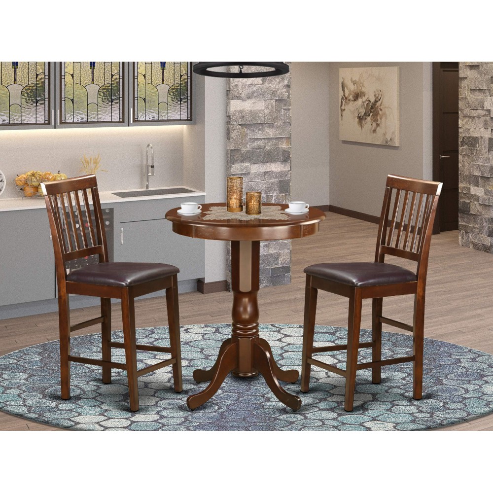 East West Furniture Edvn3-Mah-Lc Eden 3 Piece Counter Height Set Contains A Round Dining Room Table With Pedestal And 2 Faux Leather Upholstered Chairs, 30X30 Inch