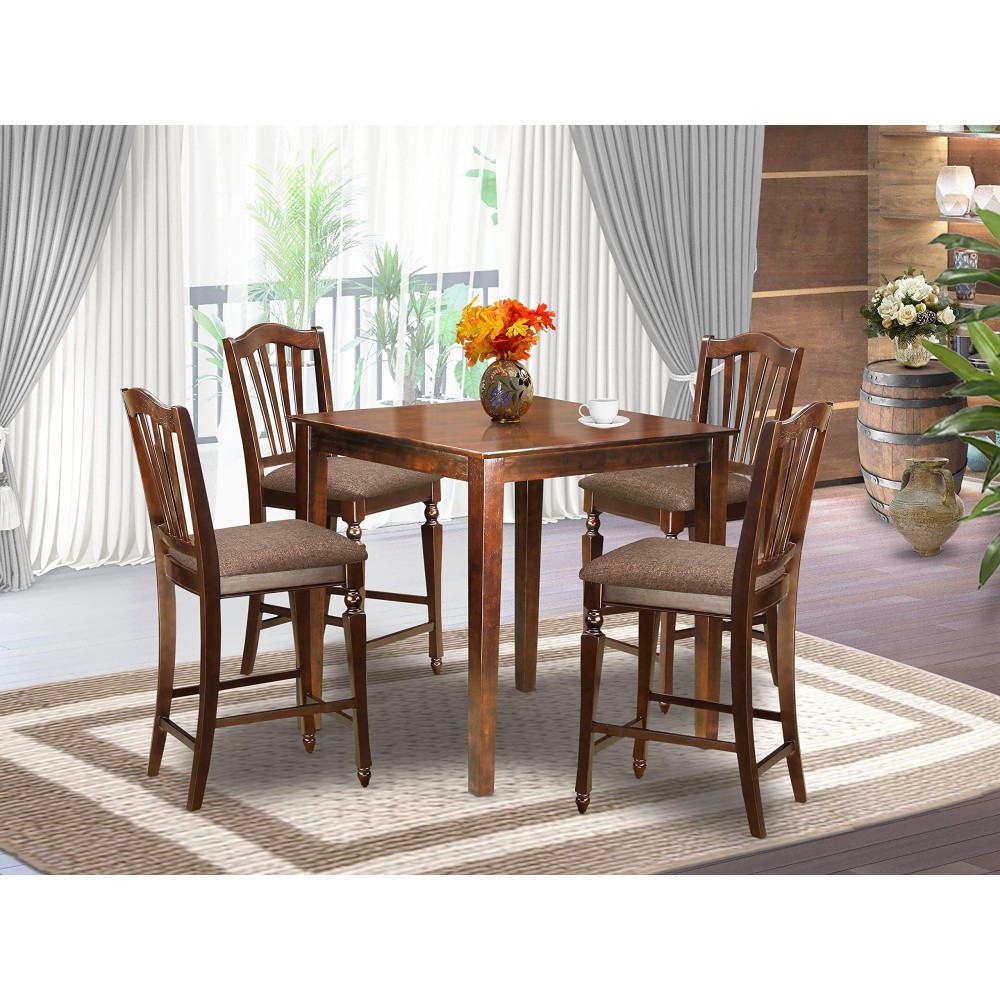 East West Furniture Vnch5-Mah-C Vernon 5 Piece Kitchen Counter Height Set Includes A Square Dining Room Table And 4 Linen Fabric Upholstered Chairs, 36X36 Inch, Mahogany