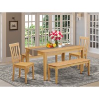 East West Furniture Caan5C-Oak-W Capri 5 Piece Set For 4 Includes A Rectangle Kitchen Table And 2 Dining Chairs With 2 Benches, 36X60 Inch