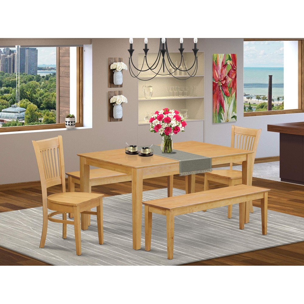 East West Furniture Capri 5 Piece Room Set Includes A Rectangle Kitchen Table And 2 Dining Chairs With 2 Benches, 36X60 Inch, Oak