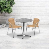 27.5'' Round Aluminum Indoor-Outdoor Table Set With 2 Beige Rattan Chairs