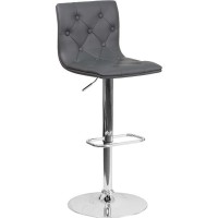 Contemporary Button Tufted Gray Vinyl Adjustable Height Barstool With Chrome Base