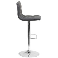 Contemporary Button Tufted Gray Vinyl Adjustable Height Barstool With Chrome Base