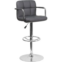 Contemporary Gray Quilted Vinyl Adjustable Height Barstool With Arms And Chrome Base