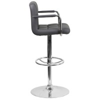 Contemporary Gray Quilted Vinyl Adjustable Height Barstool With Arms And Chrome Base