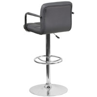 Contemporary Gray Quilted Vinyl Adjustable Height Barstool With Arms And Chrome Base