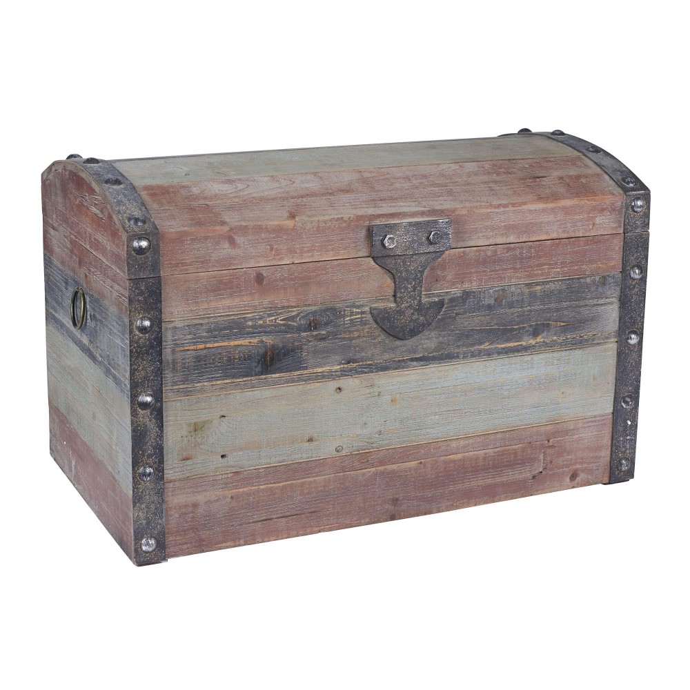 Household Essentials Large Wooden Storage Trunk, Weathered Wood With Paint Finish, Hinged Lid With Metal Accents