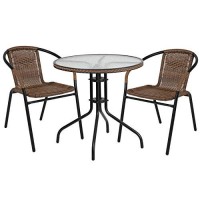 Flash Furniture 28 Round Glass Metal Table With Dark Brown Rattan Edging And 2 Dark Brown Rattan Stack Chairs