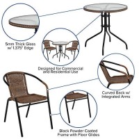 Flash Furniture 28 Round Glass Metal Table With Dark Brown Rattan Edging And 2 Dark Brown Rattan Stack Chairs