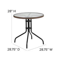 Flash Furniture 28 Round Glass Metal Table With Dark Brown Rattan Edging And 2 Dark Brown Rattan Stack Chairs