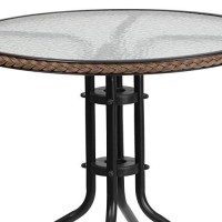 Flash Furniture 28 Round Glass Metal Table With Dark Brown Rattan Edging And 2 Dark Brown Rattan Stack Chairs