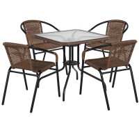 28'' Square Glass Metal Table With Dark Brown Rattan Edging And 4 Dark Brown Rattan Stack Chairs