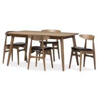 Baxton Studio Edna Mid-Century Modern French Black Faux Leather And Oak Light Brown Finishing Wood 5-Peice Dining Set