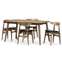 Baxton Studio Edna Mid-Century Modern French Black Faux Leather And Oak Light Brown Finishing Wood 5-Peice Dining Set