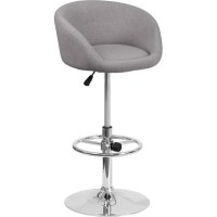 Contemporary Gray Fabric Adjustable Height Barstool With Barrel Back And Chrome Base