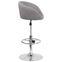 Contemporary Gray Fabric Adjustable Height Barstool With Barrel Back And Chrome Base