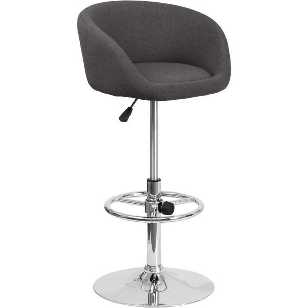 Contemporary Charcoal Fabric Adjustable Height Barstool with Barrel Back and Chrome Base