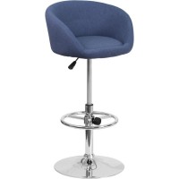 Contemporary Blue Fabric Adjustable Height Barstool with Barrel Back and Chrome Base