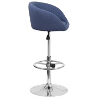 Contemporary Blue Fabric Adjustable Height Barstool with Barrel Back and Chrome Base