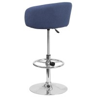 Contemporary Blue Fabric Adjustable Height Barstool with Barrel Back and Chrome Base